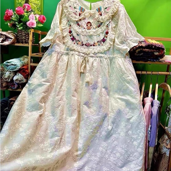 Unbleached Cotton Embroidered Dress, Summer Short Sleeve, Fits 90–160 lbs - Picture 5 of 12